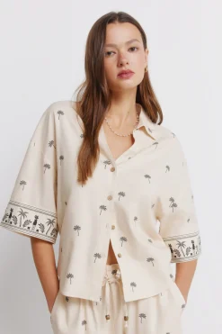 Springfield Camisa manga corta estampada oversize^Mujer Lino|Camisas Y Blusas