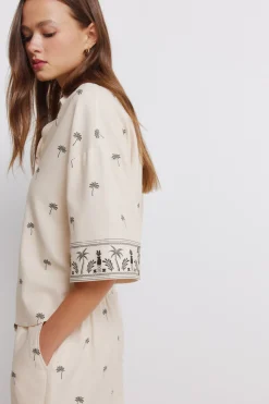 Springfield Camisa manga corta estampada oversize^Mujer Lino|Camisas Y Blusas