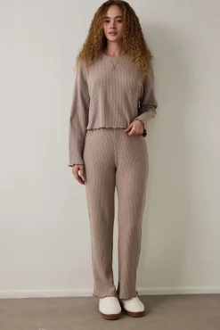 Penti Conjunto de pijama t&eacute;rmico de manga larga con cuello redondo y efecto waffle en color moca^Mujer Pijamas