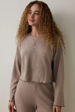 Penti Conjunto de pijama t&eacute;rmico de manga larga con cuello redondo y efecto waffle en color moca^Mujer Pijamas