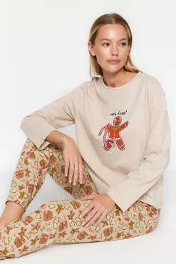 Trendyol Conjunto pijama Galleta jengibre Navidad beige^Mujer Pijamas