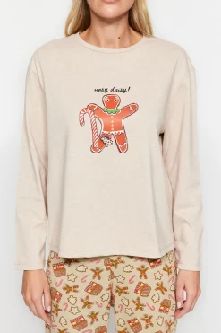 Trendyol Conjunto pijama Galleta jengibre Navidad beige^Mujer Pijamas