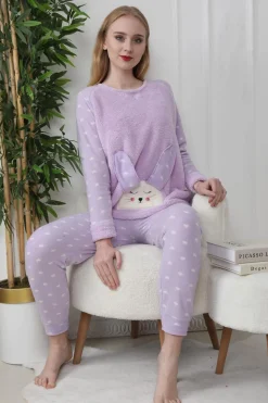 Trendyol Conjunto pijama polar conejo y corazones lila^Mujer Pijamas