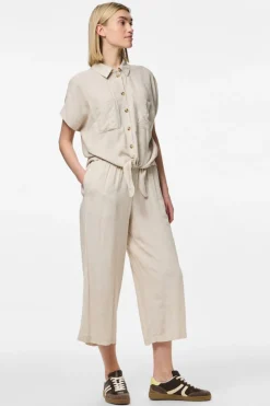 Pieces Pantalón culotte de lino con cintura elástica^Mujer Lino|Pantalones