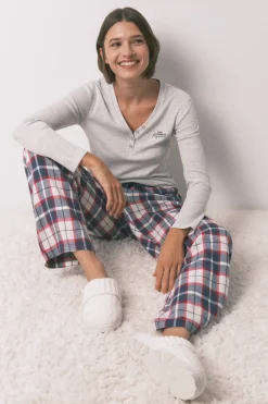 Women'secret Pantal&oacute;n largo 100% algod&oacute;n franela cuadros azul^Mujer Pijamas