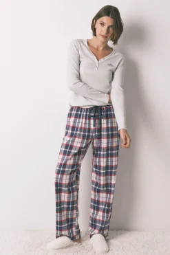Women'secret Pantal&oacute;n largo 100% algod&oacute;n franela cuadros azul^Mujer Pijamas