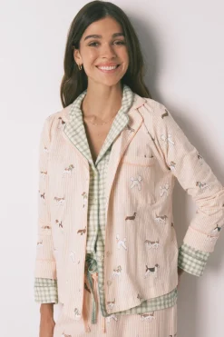 Women'secret Pijama camisero largo 100% algod&oacute;n estampado rayas y perritos^Mujer Pijamas