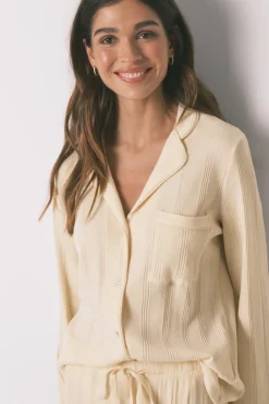 Women'secret Pijama camisero largo algodón canalé amarillo^Mujer Pijamas