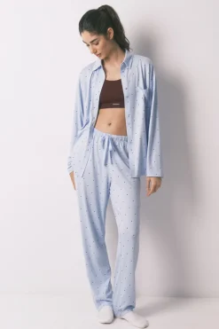 Women'secret Pijama camisero largo azul puntos^Mujer Pijamas
