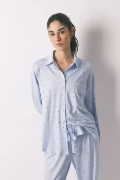 Women'secret Pijama camisero largo azul puntos^Mujer Pijamas