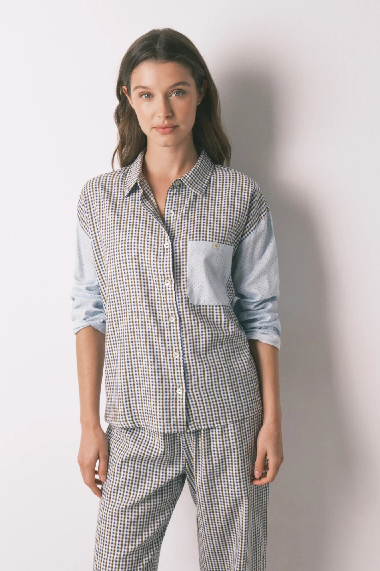 Women'secret Pijama largo camisero cuadros y topos^Mujer Pijamas