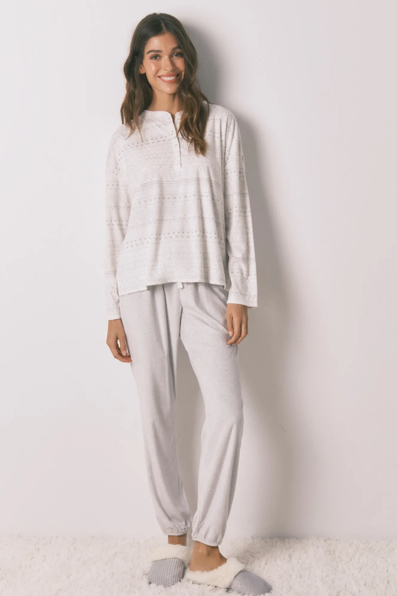 Women'secret Pijama largo polar suave cenefas gris^Mujer Pijamas