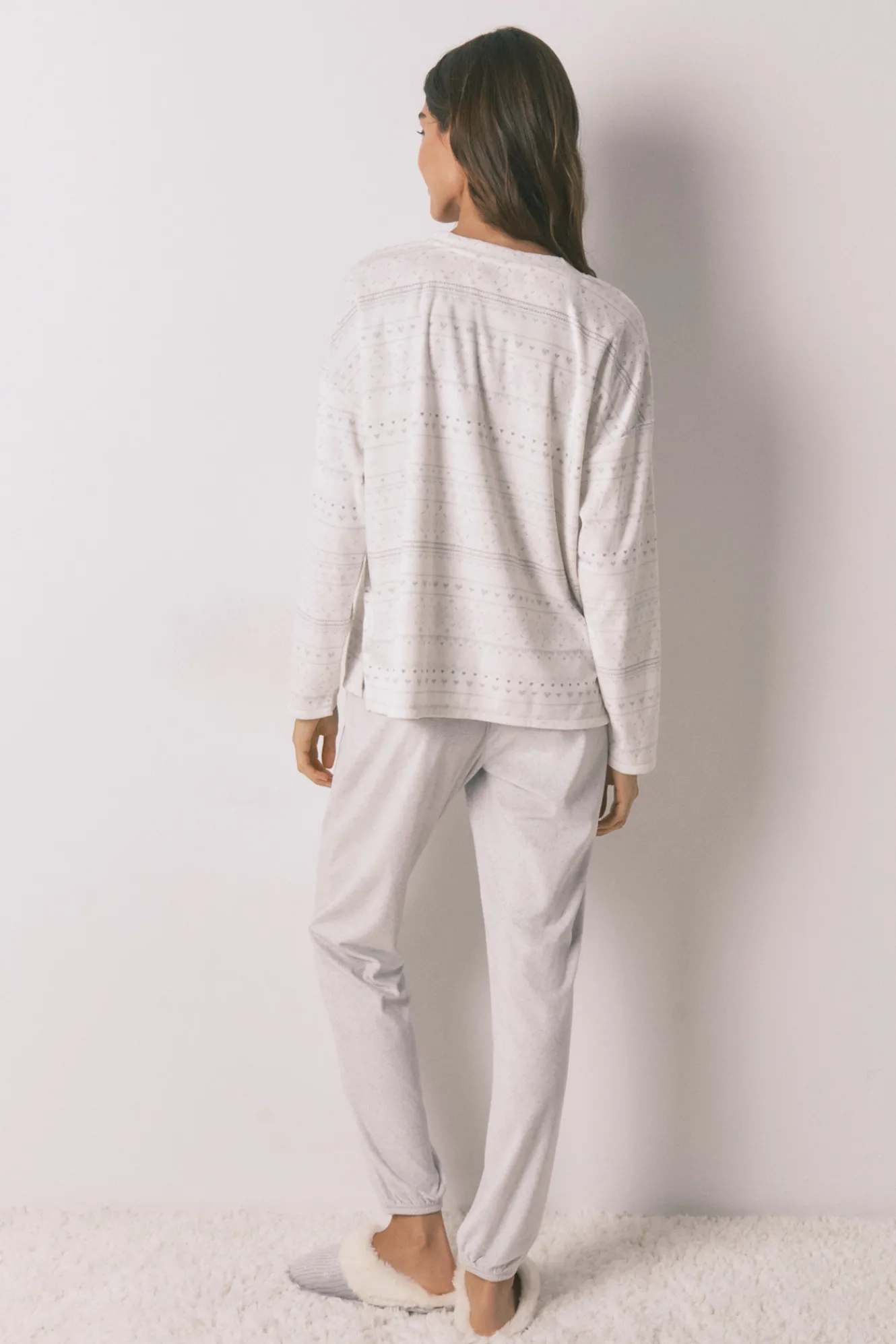 Women'secret Pijama largo polar suave cenefas gris^Mujer Pijamas