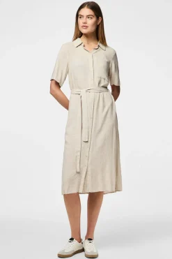 Pieces Vestido camisero midi de lino en manga corta^Mujer Vestidos Y Monos|Lino