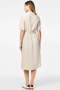 Pieces Vestido camisero midi de lino en manga corta^Mujer Vestidos Y Monos|Lino