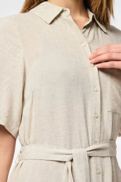 Pieces Vestido camisero midi de lino en manga corta^Mujer Vestidos Y Monos|Lino