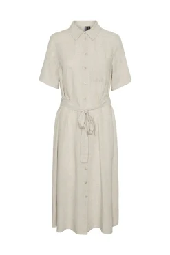 Pieces Vestido camisero midi de lino en manga corta^Mujer Vestidos Y Monos|Lino