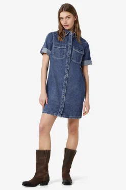 Noisy May Vestido corto vaquero con manga corta, cuello y bolsillos frontales^Mujer Vestidos Y Monos