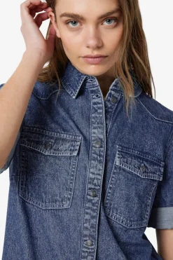 Noisy May Vestido corto vaquero con manga corta, cuello y bolsillos frontales^Mujer Vestidos Y Monos