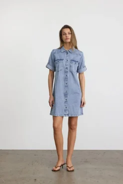 Noisy May Vestido corto vaquero con manga corta, cuello y bolsillos frontales^Mujer Vestidos Y Monos