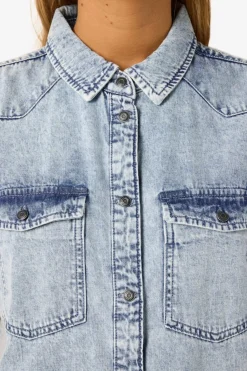 Noisy May Vestido corto vaquero con manga corta, cuello y bolsillos frontales^Mujer Vestidos Y Monos